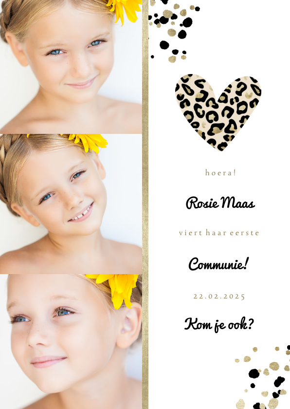 Communiekaart met foto's en panterprint hartje - Communiekaarten Communiekaarten - Communiekaart met foto's en panterprint hartje