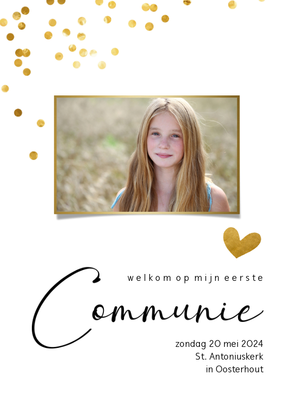 Communiekaart met gouden confetti stippen en eigen foto - Communiekaarten Communiekaarten - Communiekaart met gouden confetti stippen en eigen foto