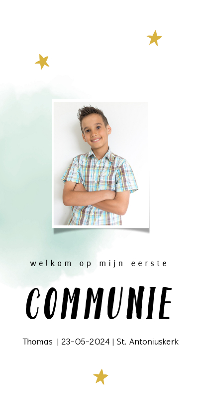 Communiekaart met groene waterverf en gele sterren - Communiekaarten Communiekaarten - Communiekaart met groene waterverf en gele sterren