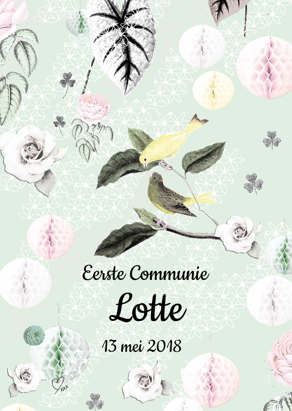 Communiekaart met lieve vogeltjes, bloemen en pompoms - Communiekaarten Communiekaarten - Communiekaart met lieve vogeltjes, bloemen en pompoms