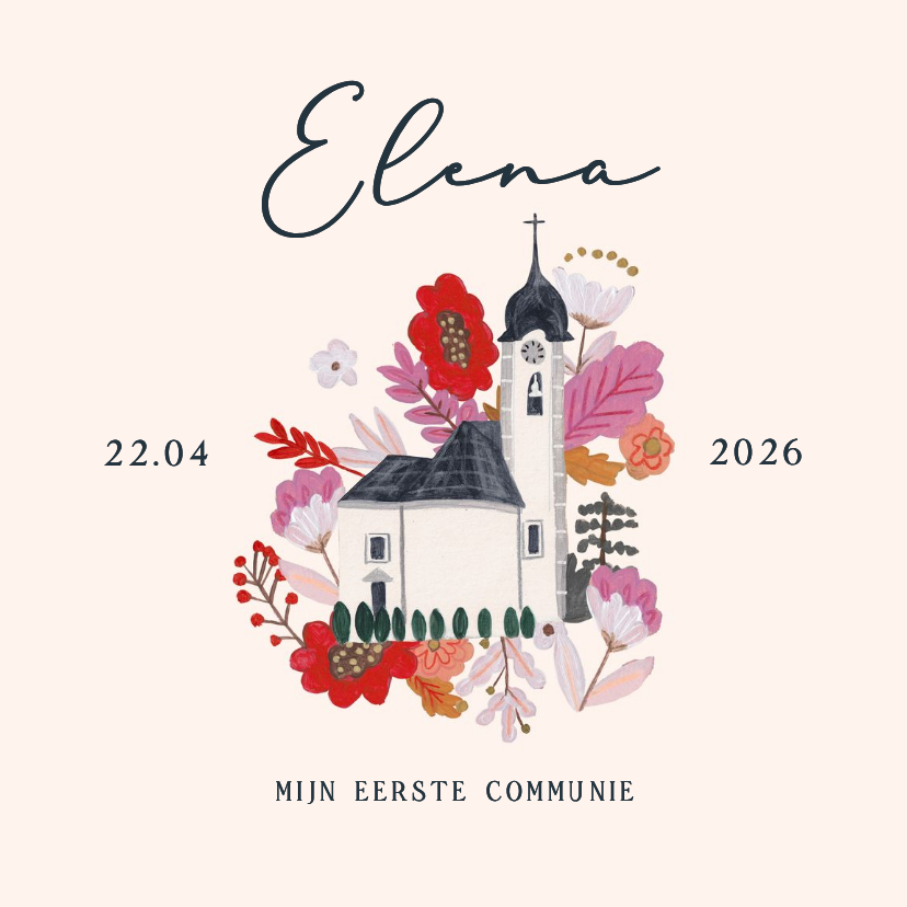Communiekaarten - Communiekaart minimalistisch met kerk en naam