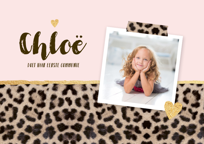 Communiekaart panterprint foto hartjes roze - Communiekaarten Communiekaarten - Communiekaart panterprint foto hartjes roze