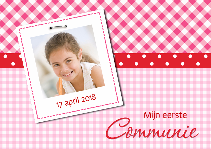 Communiekaart roze-rood met foto - Communiekaarten Communiekaarten - Communiekaart roze-rood met foto