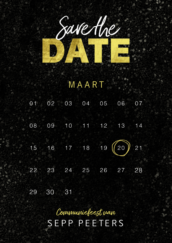 Communiekaart save the date jongen goud spetters - Communiekaarten Communiekaarten - Communiekaart save the date jongen goud spetters