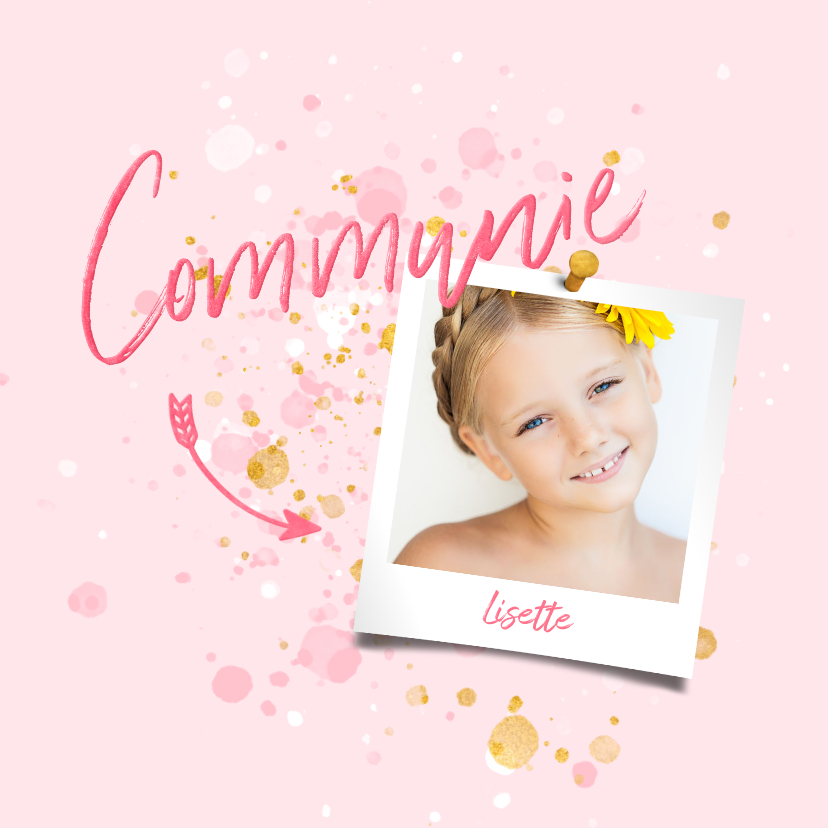 Communiekaart spetters goud roze met foto - Communiekaarten Communiekaarten - Communiekaart spetters goud roze met foto