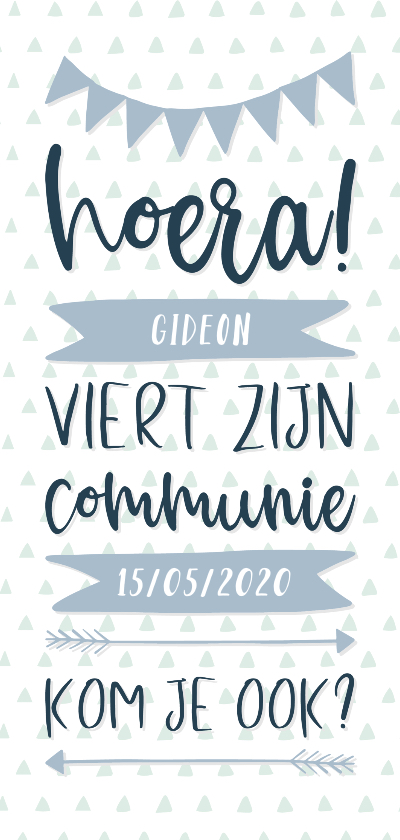 Communiekaarten - Communiekaart typografisch met slingers en pijlen jongen