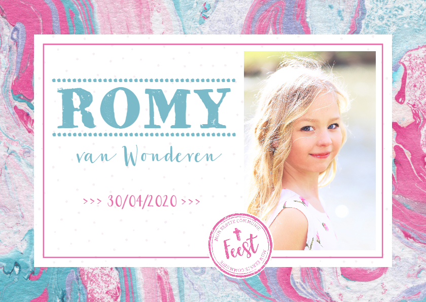 Communiekaart verf en sticker roze-aqua - Communiekaarten Communiekaarten - Communiekaart verf en sticker roze-aqua