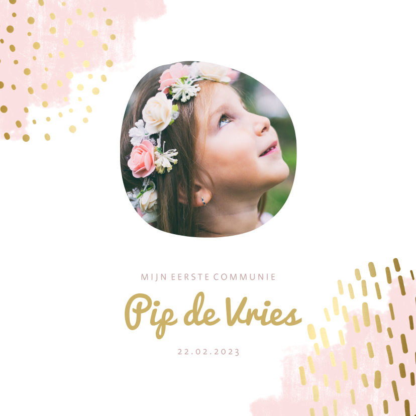 Communiekaart verfstrepen goudlook met foto aanpasbaar - Communiekaarten Communiekaarten - Communiekaart verfstrepen goudlook met foto aanpasbaar