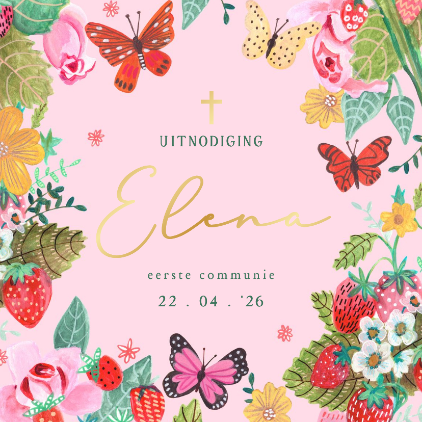 Communiekaarten - Communiekaart vlinders en bloemen met naam