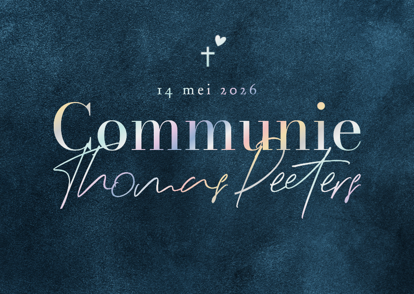 Communiekaarten - Communiekaartje blauw stijlvol kruisje holografisch folie