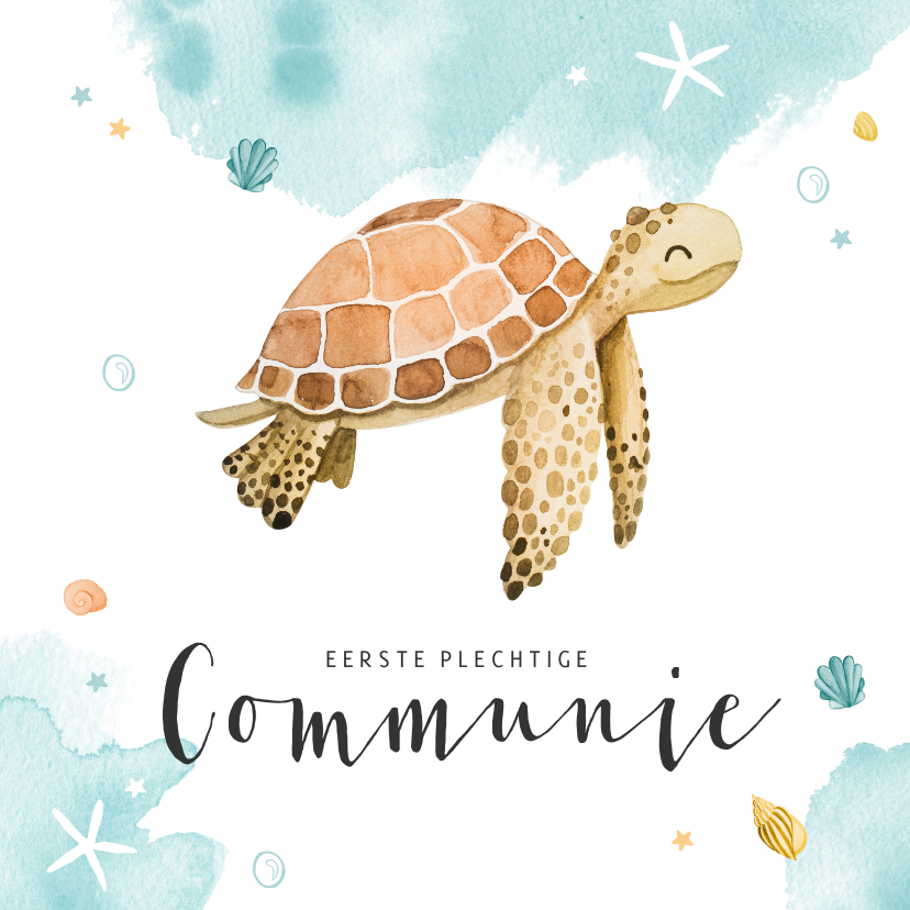 Communiekaarten - Communiekaartje schildpad waterverf lief zeesterren krab