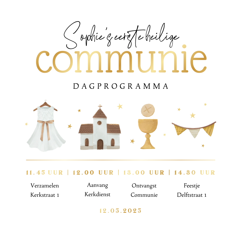 Communiekaarten - Dagprogramma tijdlijn communie feestje goud illustraties