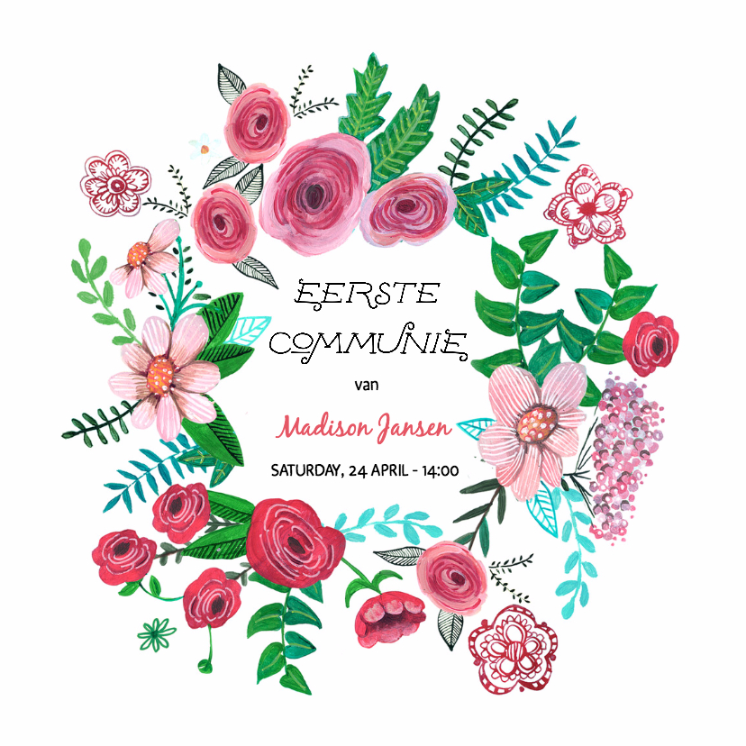 Eerste Communie Bloemen Krans - Communiekaarten Communiekaarten - Eerste Communie Bloemen Krans