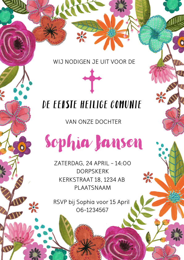 Eerste Heilige Communie uitnodiging met bloemen - Communiekaarten Communiekaarten - Eerste Heilige Communie uitnodiging met bloemen