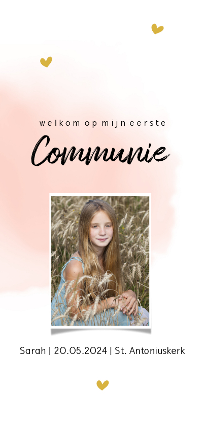 Communiekaarten - Enkele communiekaart met roze waterverf en hartjes