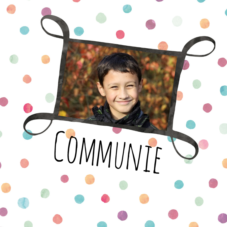 Fotokaart communie met stippen - Communiekaarten Communiekaarten - Fotokaart communie met stippen