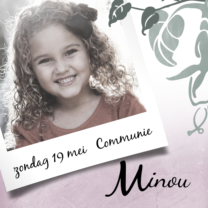 Hippe communiekaart botanische stijl met foto - Communiekaarten Communiekaarten - Hippe communiekaart botanische stijl met foto
