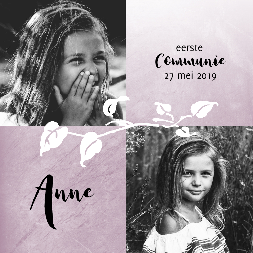 Hippe, lieve communiekaart met foto en botanische elementen - Communiekaarten Communiekaarten - Hippe, lieve communiekaart met foto en botanische elementen