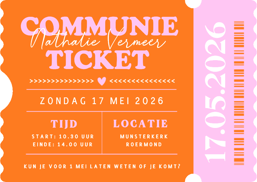 Communiekaarten - Hippe uitnodiging in ticket vorm - communie meisje 