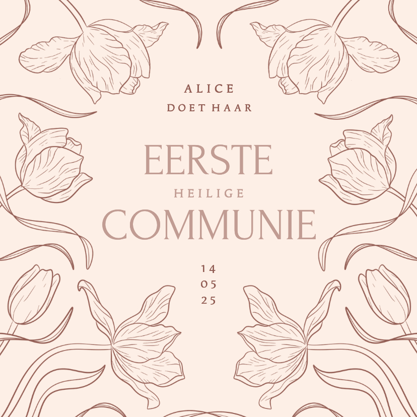 Communiekaarten - Klassieke uitnodiging communie met vintage tulpen beige