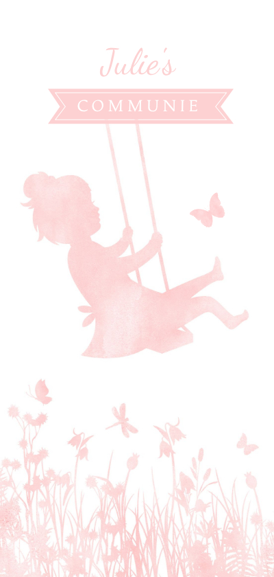 Langwerpige communiekaart silhouet meisje op schommel - Communiekaarten Communiekaarten - Langwerpige communiekaart silhouet meisje op schommel