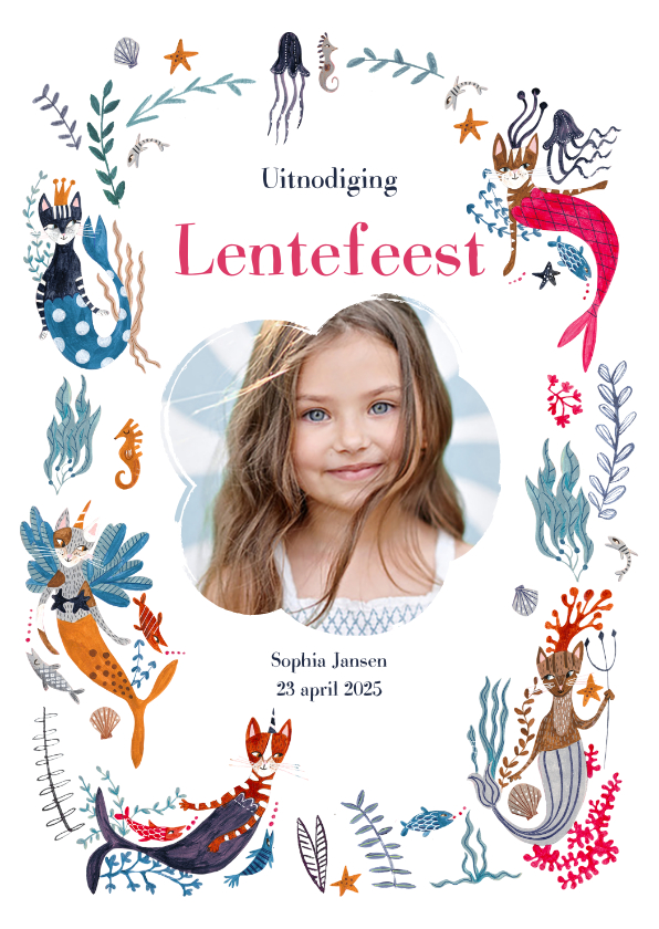 Lentefeest caticorns en mercats zeemeerminnen - Communiekaarten Communiekaarten - Lentefeest caticorns en mercats zeemeerminnen