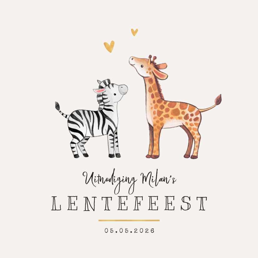 Communiekaarten - Lentefeest giraf zebra hartjes goud lief uitnodiging