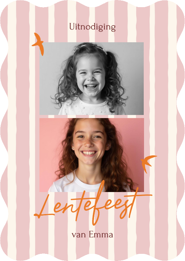 Communiekaarten - Lentefeest roze streepjes met oranje vogeltjes golfvorm