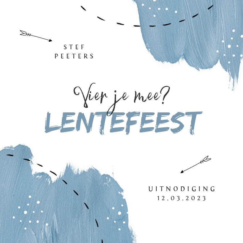 Lentefeest uitnodiging blauw verf pijltje foto communie - Communiekaarten Communiekaarten - Lentefeest uitnodiging blauw verf pijltje foto communie