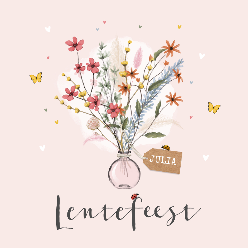 Communiekaarten - Lentefeest uitnodiging bloemen lief hartjes label vlinders