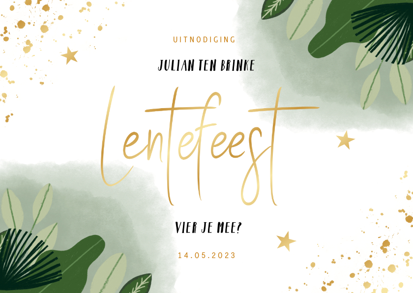 Lentefeest uitnodiging met planten waterverf en goud spetter - Communiekaarten Communiekaarten - Lentefeest uitnodiging met planten waterverf en goud spetter