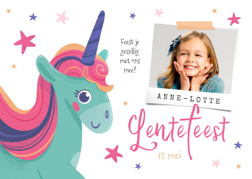 Lentefeest uitnodiging unicorn sterren foto - Communiekaarten Communiekaarten - Lentefeest uitnodiging unicorn sterren foto