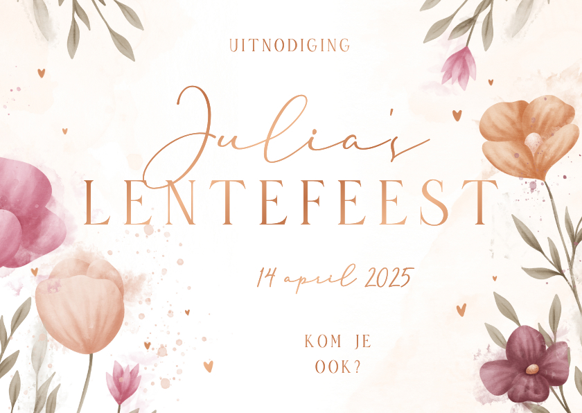 Communiekaarten - Lentefeest uitnodiging waterverf bloemen met koperen hartjes