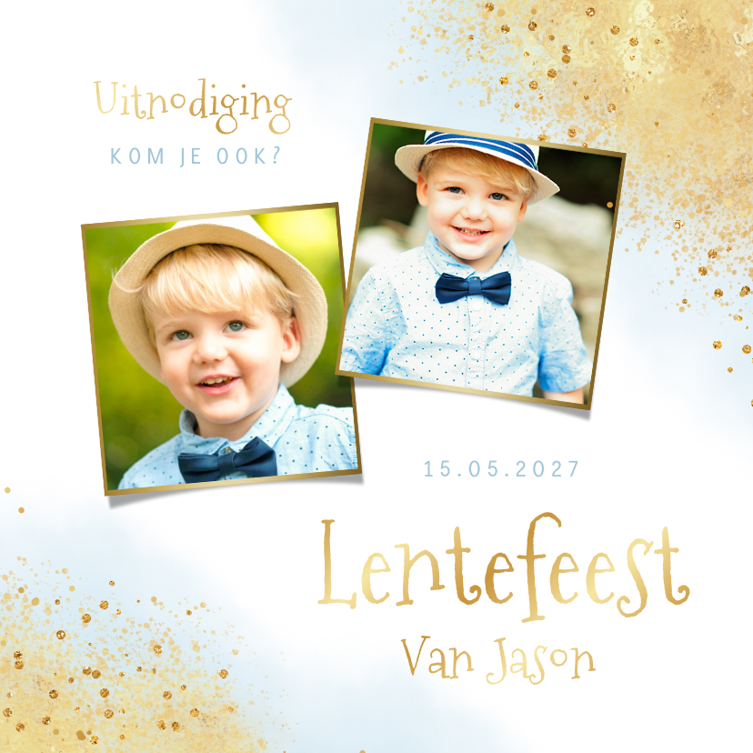 Lentefeest uitnodiging waterverf goud foto blauw - Communiekaarten Communiekaarten - Lentefeest uitnodiging waterverf goud foto blauw