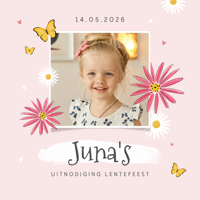Communiekaarten - Lentefeestje uitnodiging bloemen vlinders