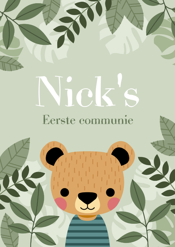 Communiekaarten - Leuke uitnodiging eerste communie met beer en plantjes