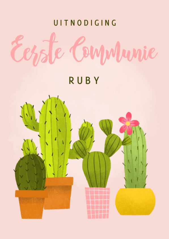 Leuke uitnodiging eerste communie met cactussen en waterverf - Communiekaarten Communiekaarten - Leuke uitnodiging eerste communie met cactussen en waterverf