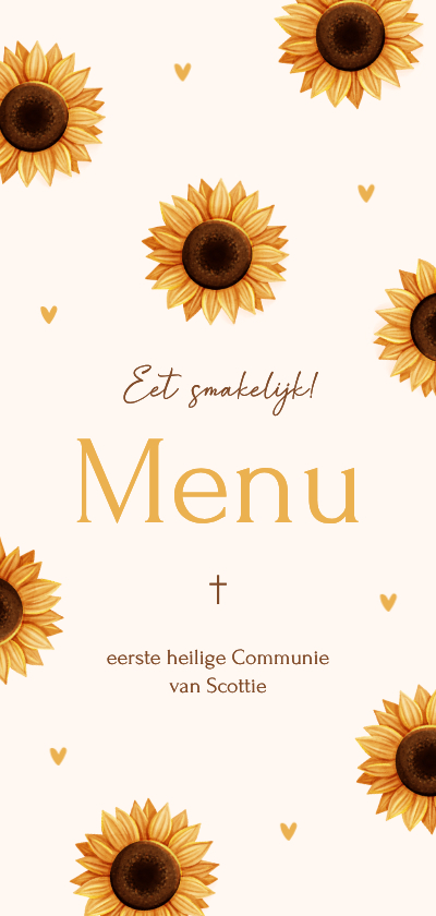 Lief communie menukaartje met zonnebloemen en hartjes - Communiekaarten Communiekaarten - Lief communie menukaartje met zonnebloemen en hartjes