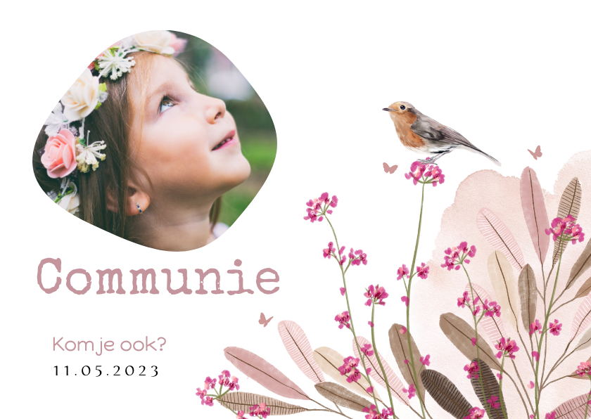 Lief communiekaartje met veldbloemen waterverf vogeltje - Communiekaarten Communiekaarten - Lief communiekaartje met veldbloemen waterverf vogeltje