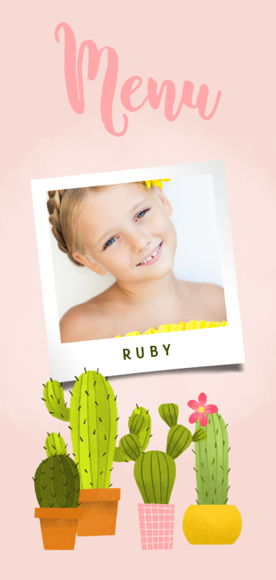 Lieve menukaart eerste communie met foto en cactussen - Communiekaarten Communiekaarten - Lieve menukaart eerste communie met foto en cactussen