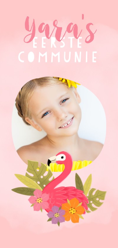 Lieve uitnodiging eerste communie met flamingo en plantjes - Communiekaarten Communiekaarten - Lieve uitnodiging eerste communie met flamingo en plantjes