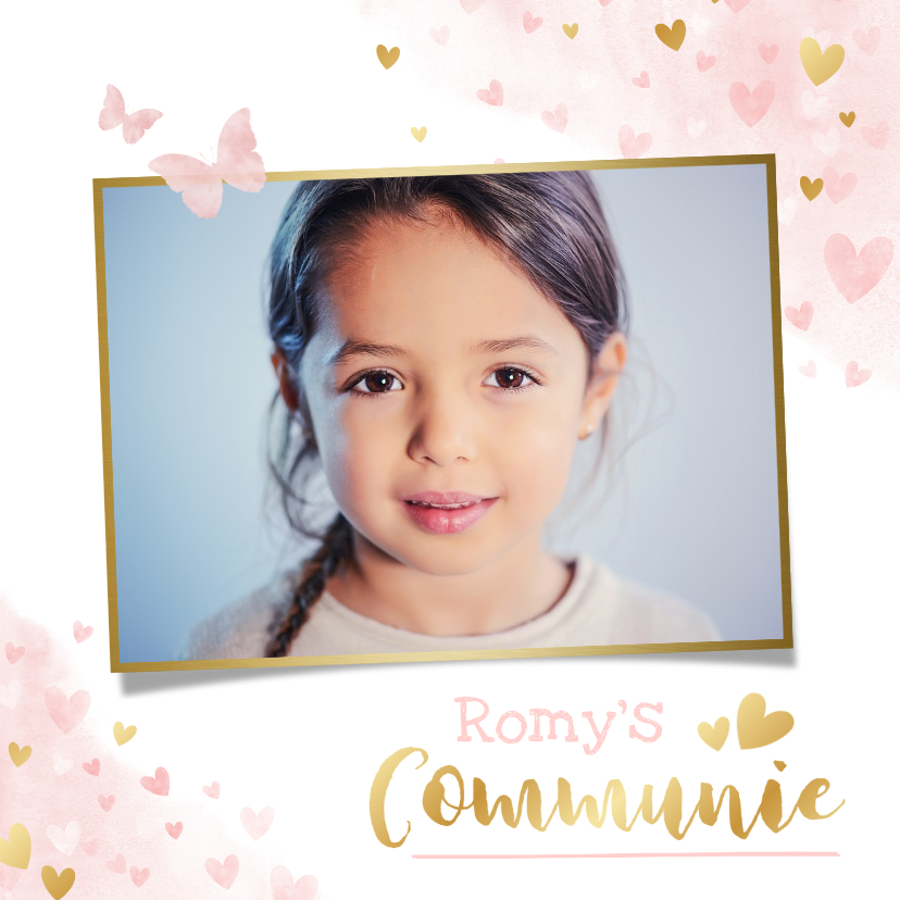 Lieve uitnodiging voor een meisjes communie vlinders hartje - Communiekaarten Communiekaarten - Lieve uitnodiging voor een meisjes communie vlinders hartje
