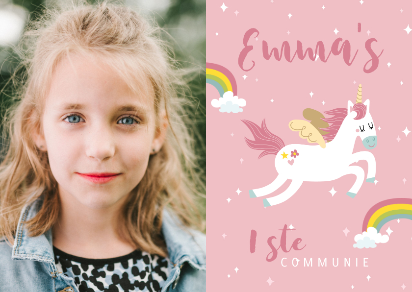 Lieve uitnodiging voor eerste communie met eenhoorns - Communiekaarten Communiekaarten - Lieve uitnodiging voor eerste communie met eenhoorns