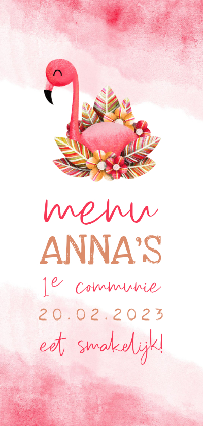 Menukaart communie flamingo met waterverf - Communiekaarten Communiekaarten - Menukaart communie flamingo met waterverf