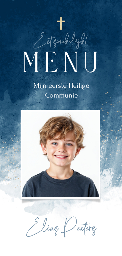Communiekaarten - Menukaart communie jongen stijlvol foto verf blauw goud