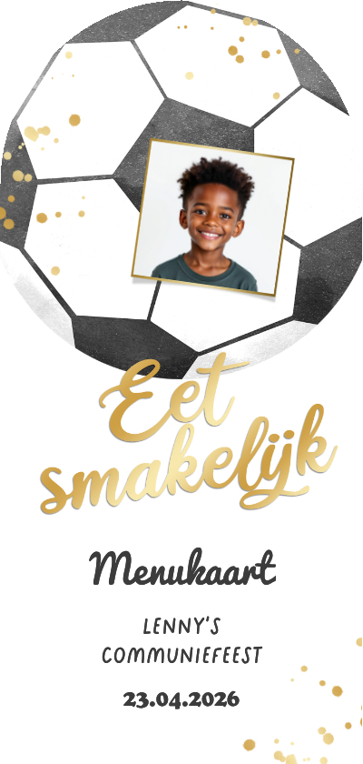 Menukaart communie voetbal thema foto goud snacks - Communiekaarten Communiekaarten - Menukaart communie voetbal thema foto goud snacks