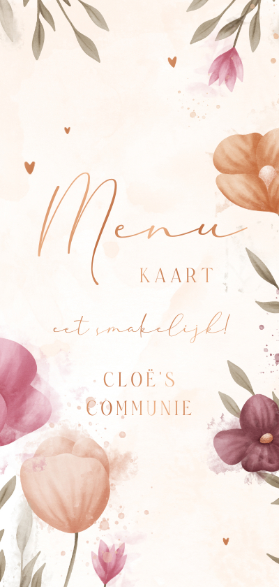 Communiekaarten - Menukaart communie waterverf bloemen met koperen hartjes