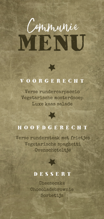 Communiekaarten - Menukaart communiefeest stoer groen sterren foto