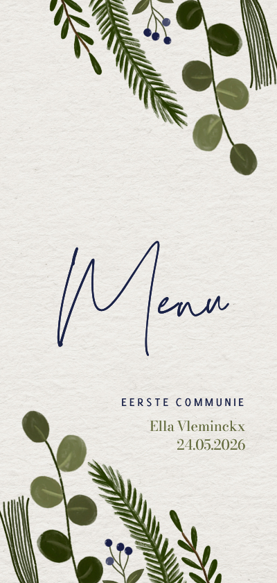 Communiekaarten - Menukaart eerste communie botanisch eucalyptus papierlook
