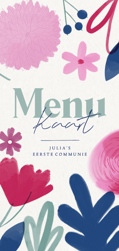 Communiekaarten - Menukaart eerste communie kleurrijke bloemen meisje
